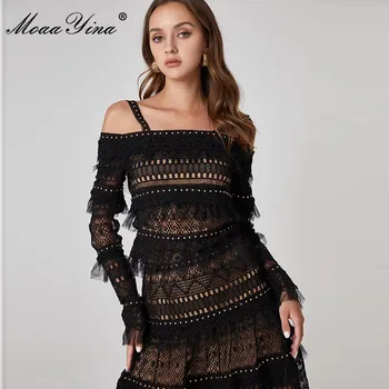 MoaaYina Tasarımcı Yaz Siyah Etek Takım Elbise kadın Seksi Spagetti Kayışı Kısa Üst ve hollow out Etekler İki Adet Set