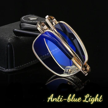 Anti-mavi ışık Katlanır okuma gözlüğü Taşınabilir Erkekler Metal Gözlük Presbiyopi Gözlük Deri Kılıf ile Diyoptri + 1.0 İla + 4.0