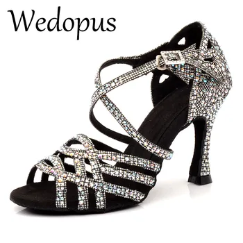 Wedopus Bayanlar Latin Balo Salonu Dans Sandalet Siyah Rhinestones Latin Dans ayakkabıları Glitter Salsa-danc