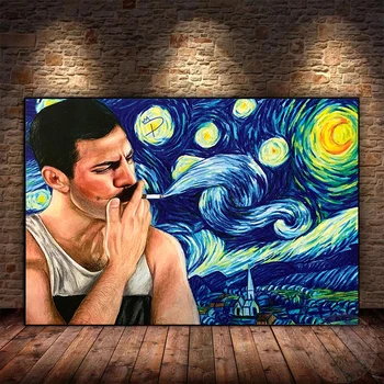 Bohemian Freddie Mercury Tuval Boyama Rock Müzik Yıldız Posterler Baskılar Van Gogh Yıldızlı Gece Duvar sanat resmi Odası Hoom Dekor