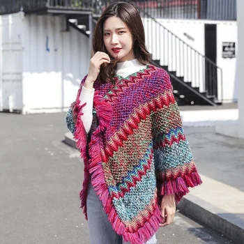 İlkbahar Sonbahar Etnik Tarzı Tiftik Püskül Pelerinler Kadınlar Sıcak Uzun Örme Kazak Pelerinler Kravat Boya Maç Renk Pançolar Streetwear