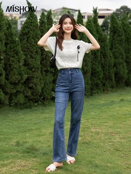 MİSHOW Kot Kadın 2022 Yaz İnce Kore Moda Pamuk Düz Yüksek Belli Düz Kot Pantolon Streetwear Alt MXB28K0483 4