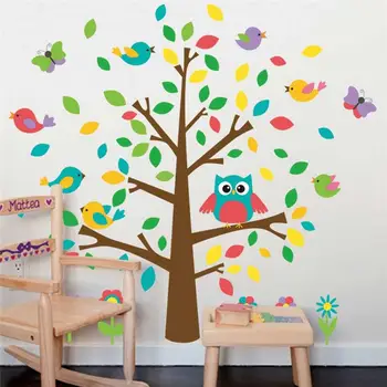 sevimli baykuşlar kuşlar ağaç duvar çıkartmaları çocuk oyun odası dekorasyon kreş karikatür çocuk bebek ev çıkartmaları 1015. hayvan duvar sanatı 4.0