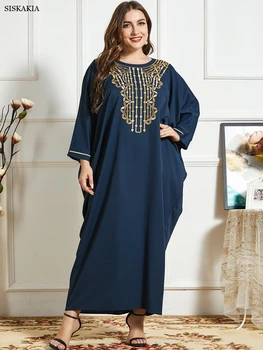 Siskakia Altın İplik İşlemeli Panel O Boyun Batwing Kollu Abaya Elbise Kadınlar için Lacivert Dubai Türkiye Arap Müslüman Elbise