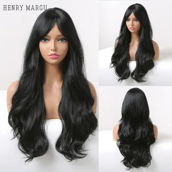 HENRY MARGU Uzun Siyah sentetik peruk Kadınlar ıçin Doğal Saç Dalgalı kahküllü peruk Doğal Cosplay ısıya Dayanıklı Siyah Peruk