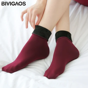 BIVIGAOS Kış Kadın Chinlon Naylon Kadife Kalınlaşmak Kısa Çorap Sevimli Sokken Düz Renk Sıcak Çorap Elastik Çorap Kadın Meia Calzin 1