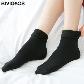 BIVIGAOS Kış Kadın Chinlon Naylon Kadife Kalınlaşmak Kısa Çorap Sevimli Sokken Düz Renk Sıcak Çorap Elastik Çorap Kadın Meia Calzin 2