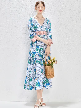 Pist 2022 Yaz Plaj tatil elbisesi kadın Bohemian Çiçek Baskı Moda V Yaka Yüksek Bel Tatil uzun elbise N3073
