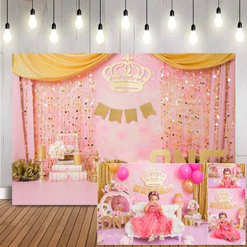 Prenses Tema Kek Smash Doğum Günü Backdrop Tatlı Kızlar 1st Doğum Günü Pembe Fotoğraf Arka Plan Altın Taç ve perde Fotoğraf