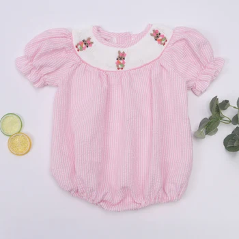 0-3T Paskalya Bebek Kız Giysileri Yaz Önlüklü Romper Kısa Kollu Pembe Tulum Tavşan El İşlemeli Tek parça Bodysuit
