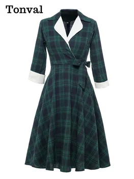 Tonval Çentikli Yaka Vintage Yeşil Ekose Yüksek Bel Wrap Elbise Sonbahar Kış Kadın 3/4 Uzunluk Kollu 1950S A-Line Midi Elbiseler