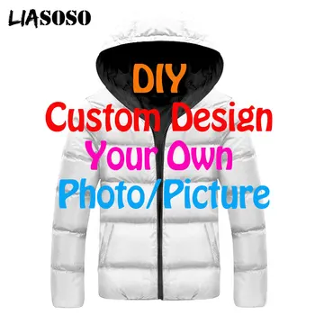 LIASOSO DropShip 3D Baskı Erkekler Kadınlar Dıy Özel Tasarım Resim Fotoğraf erkek Ceket Artı Kadife Fermuar Sıcak Aşağı Çocuk Dolgulu Ceket