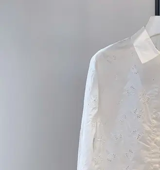 Kadın Turn-Aşağı Yaka Gömlek Nakış Hollow Out Beyaz Uzun Kollu Bayanlar 2021 Sonbahar Yeni Casual Bluz
