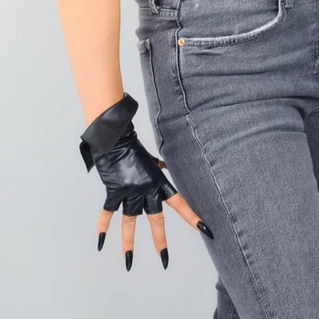 Gerçek Deri Yarı Parmak Eldiven Kadın İthal Koyun Derisi Moda Siyah Parmaksız Kadın Yarım Parmak sürüş eldivenleri WZP59