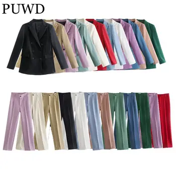 PUWD Rahat Kadınlar Yüksek Bel düz pantolon Takım Elbise 2021 Sonbahar Moda Ofis Bayanlar Düz Renk İki Parçalı Setleri Kadın Şık Takım Elbise