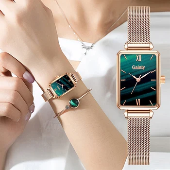 Yeni Marka Kadın Saatler Moda Kare Bayanlar quartz saat Bilezik Seti Yeşil Kadran Basit Gül Altın Örgü Lüks Kadın Saatler