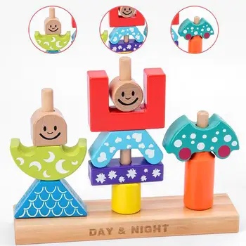 Ahşap Çizgi Film Desen Güneş Ay Gündüz Gece sütun blokları Şekil DIY İstifleme Eğitici Çocuk Bulmaca oyuncak seti
