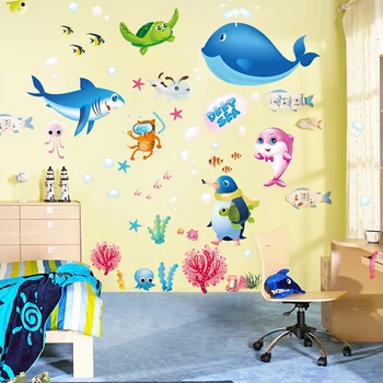 Balina Yunus Sticker Çıkarılabilir Bebek İçin Dekorasyon Çıkartmaları Çizgi Film Duvar Kağıdı Çocuklar Yatak Odası Deniz Hayvan Köpekbalığı Duvar Sanat Poster 