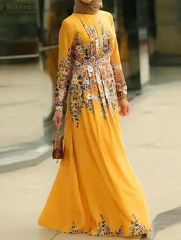 ZANZEA Kadınlar Bahar Çiçek baskılı Elbise O-Boyun Uzun Kollu Düğme Manşetleri Kaftan Türkiye Sundress Femme Moda Rahat Abaya Elbise