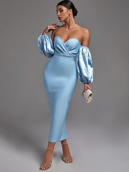 Midi Bandaj Elbise 2022 Yeni kadın Mavi Bodycon Elbise Zarif Seksi Kapalı Omuz Akşam Kulübü Parti Elbise Yüksek Kalite Yaz