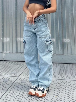 Kadınlar Yüksek Bel Baggy Kot Flap Cep Yan Rahat Fit Düz Geniş Bacak Kargo Kot İnce Streetwear Erkek Arkadaşı Kot Pantolon