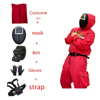 S-qu kımlık oyunu villain Kırmızı tulum cosplay kostüm Cadılar Bayramı partisi Yuvarlak Altı maske cosplay kostüm maske