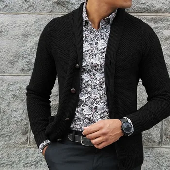 Erkekler Turn-aşağı Yaka Hırka Katı Sonbahar Kış Sıcak Slim Fit Uzun Kollu Rahat Giysiler Örme Rahat Erkek Kazak Ceket