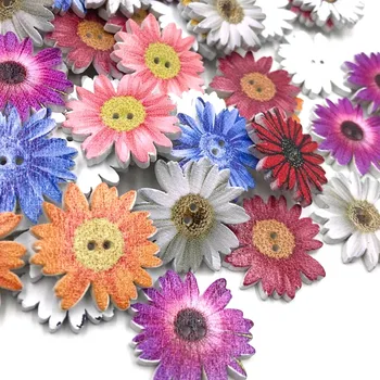 50 adet 25mm Ayçiçeği Rastgele Karışık çiçek Boyalı Ahşap Düğmeler Dekoratif Düğmeler Dikiş Scrapbooking El Sanatları WB401