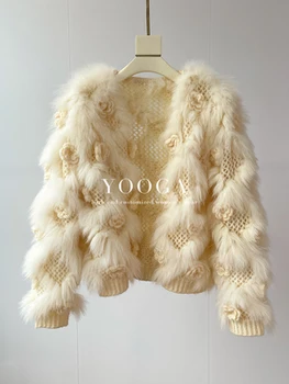 Yeni gerçek hakiki doğal örme tilki kürk ceket kadın moda örgü ceket