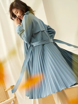 2021 İlkbahar Sonbahar Casual Kadın Pilili Mor Mavi Yüksek Waisted Trençkot, Uzun Rüzgarlık Palto Bayan Giyim için 1