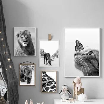 Siyah Beyaz Zürafa Ayı Aslan Kedi Geyik duvar sanatı tuval yağlıboya İskandinav Posterler Ve Baskılar Duvar Resimleri Için Oturma Odası Dekor