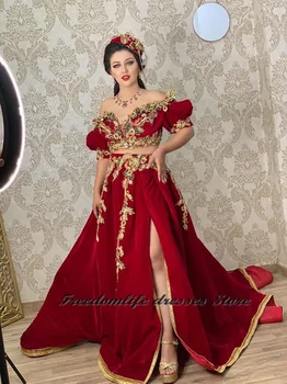 Resmi Robe De Soirée De Mariage Kırmızı Abiye Dantel Aplike Boncuklu İki Adet Balo Abiye Arapça Düğün resepsiyon Elbise