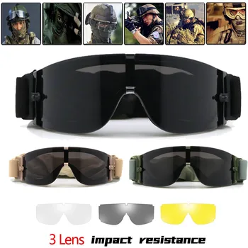 3 Lens Askeri Taktik Gözlük Seti Özel Kuvvetler Rüzgar Geçirmez Gözlük Motosiklet Cs Çekim Güvenli Koruma Yürüyüş Kum Geçirmez