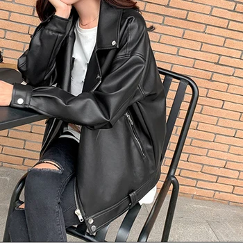 Kadın Streetwear Boy Ceket Sungtin Suni Deri Ceket Kadın Rahat PU Gevşek Motosiklet Ceketler Kore Şık Yeni Bahar