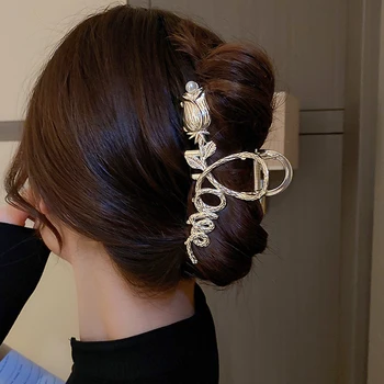 Zarif Lale Çiçek Saç Tokası Kadınlar için İçi Boş Geometrik Metal Saç Pençe Vintage Saç Klipleri saç aksesuarları