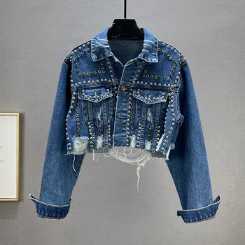 Kadın Moda Streetwear Ceketler 2022 Sonbahar Mavi Yırtık Delik Denim Ceket Vintage Kısa Palto Kot Harajuku Yıpranmış Ceketler