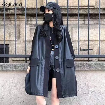 Uzun Ceketler Kadın PU Vintage Patchwork V Yaka Hip Hop Sokak Harajuku Ceket Koyu Akademi Rüzgar Geçirmez Sonbahar Gevşek Şık Kadın