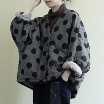 Kadın Polka Dot Parkas V Yaka Yarasa Kollu Büyük Boy Sıcak Palto Sonbahar Yeni Düğme Gevşek Kadın Giysileri Rahat Parkas Giyim