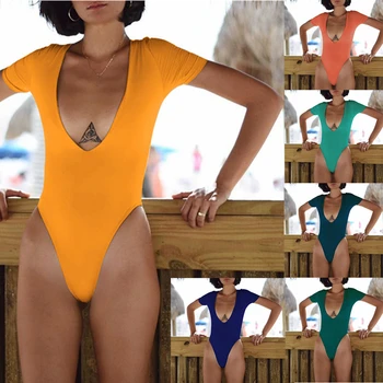Banyo Takım Elbise Kadın Monokini Seksi Bodysuit V Boyun kadın Mayo Düz Renk Mayo Tek Parça Kısa Kollu kadın banyo takımı
