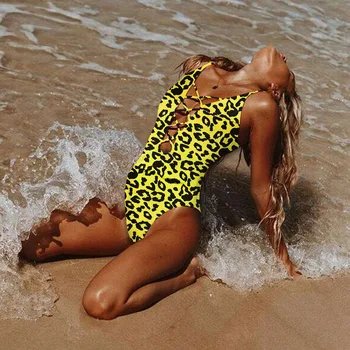 2022 Kadın Tek Parça Mayo Seksi Leopar Baskı Mayo Push Up Mayo Bandaj Çapraz Kadın Beachwear Backless Bodysuit