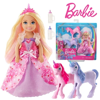 Barbie Model Oyuncaklar GJK17 Dreamtopia Chelsea Pop Oyuncak İki Bebek Tek Boynuzlu At Dollhouse Kukla Sahne Seti Oyuncaklar Kızlar için Toksin GJK17