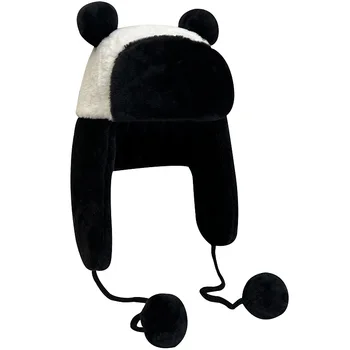 Sıcak Kış Sevimli Panda Ayı Şapka Trapper Kapaklar Siyah Beyaz Şapka Yumuşak Peluş Hayvan Kask Kap Noel Yeni Yıl Hediye Şapka Yetişkin için