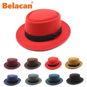 Moda Erkekler Domuz Pasta Şapka Yün fötr şapka Siyah Şapka İngiliz Panama Kilise Caz Erkek Sonbahar Kış Geniş Ağız silindir şapka Kadınlar İçin