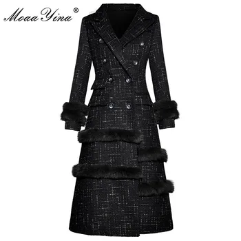 MoaaYina Moda Tasarımcısı Kış Bahar Kadın Siyah Palto Turn-aşağı Yaka Kruvaze Ince Rahat Palto Ceket