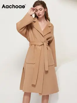 Aachoae 100 % Yün Uzun Ceket Ile Kemer Kadın Zarif Uzun Kollu Kış Cepler Palto Rahat Yan Bölünmüş Giyim Mont