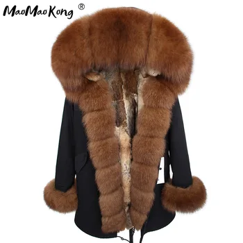 2020 MaoMaoKong doğal gerçek Tavşan Kürk astar kadın parkas doğal tilki kürk Kapşonlu kış Jacke ceket uzun kürk Parka giyim