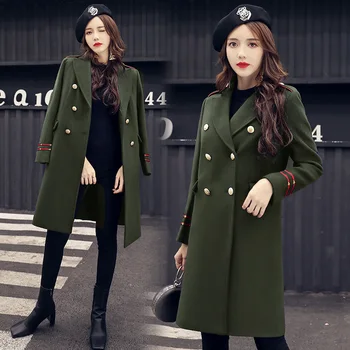YASUGUOJI Yeni 2021 Moda Kruvaze Kış Ceket Kadın Kalınlaşmak Uyarmak Palto Askeri Yeşil Yün Uzun Ceket Kadın
