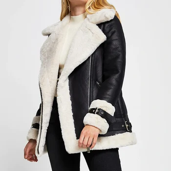 Eskitmek FMFSSOM Kadın Kış Kalın Ceket Pu Suni Yumuşak Deri Siyah Beyaz Koyun derisi Kürk Ceket Kadın Havacı Rahat Feminino 