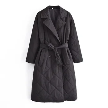 XEASY 2021 Kış Vintage Siyah Yaka Sashes Kruvaze pamuklu giysiler Kadın Ceket Casual Streetwear Parkas Şık Uzun Üst
