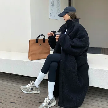 Uzun Kuzu Yün Ceket Kadın Kış 2022 Kalın Sıcak Rahat Büyük Boy Kürk Ceket Streetwear Fermuar Mektup Dış Giyim Kadın Peluş Mont
